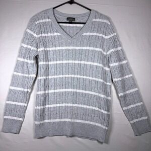 Style & Co Sweater Womens L Grey White Striped Cable Knit V-Neck Cotton Pullover
